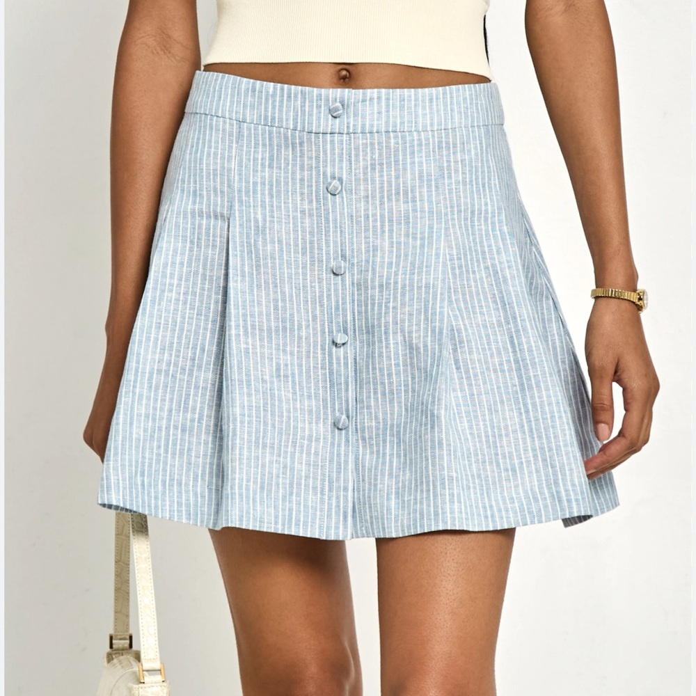 Kourt Hilda 100% Linen Blue Striped Women's Mini Skirt Feminine Coastal Sz 12